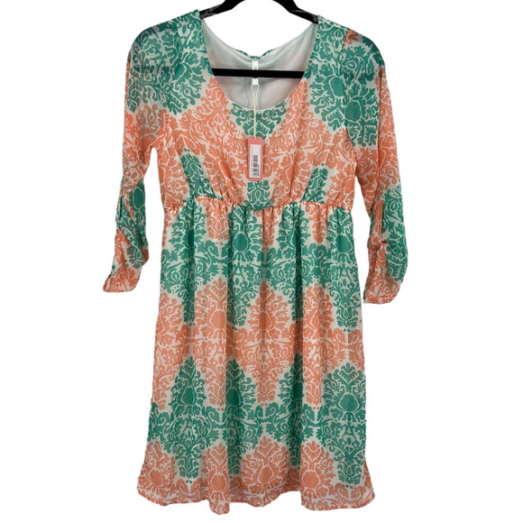 Pink Blush Maternity Mint Green Peach Printed Chiffon Midi Dress Lined Medium - Picture 1 of 9